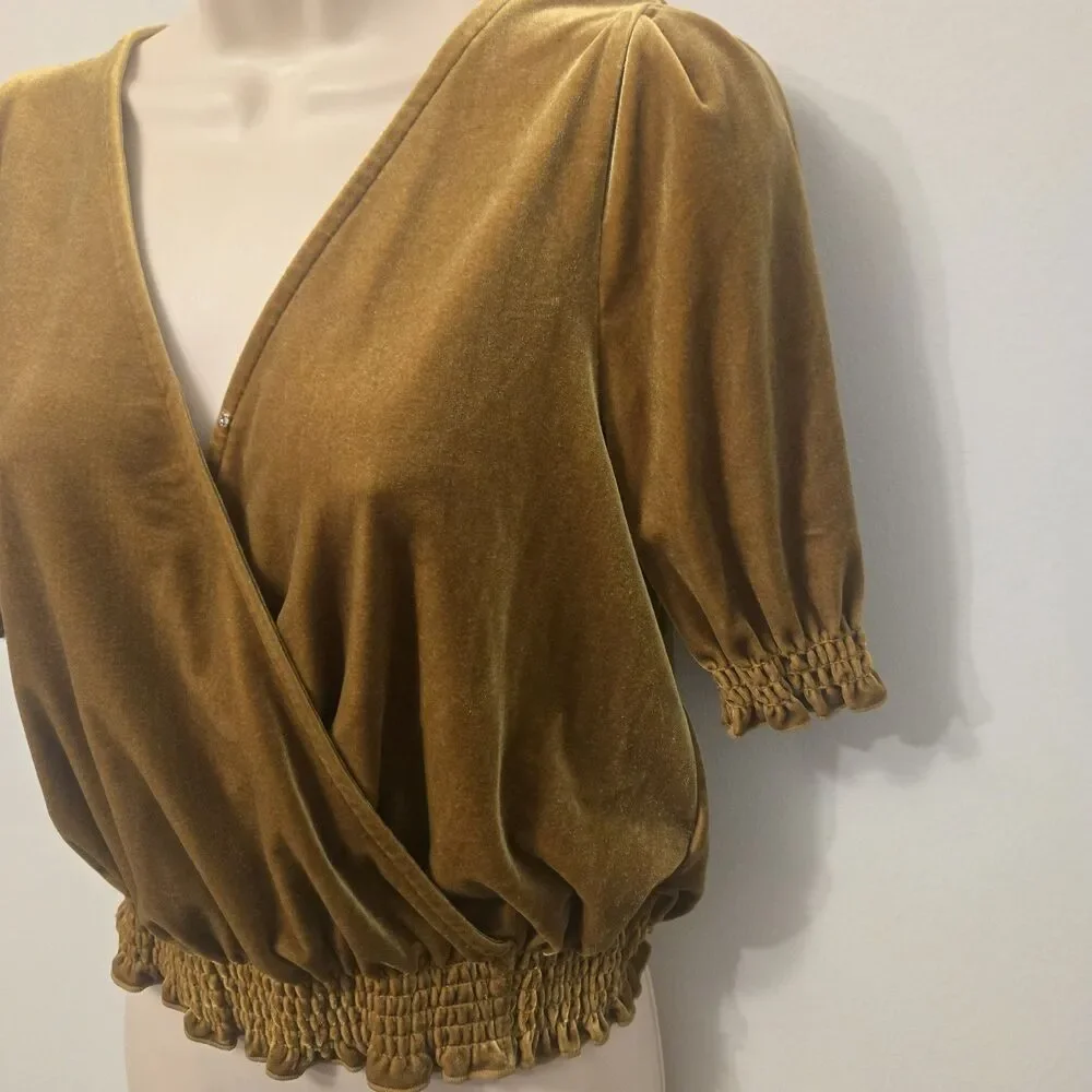 Madewell Velvet Wrap Top XS Mustard Gold Puff Sleeve Renaissance Boho Whimsigoth